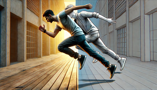 A photorealistic image of a man mid-jump where the back half of his body is rendered in live-action footage style, capturing lifelike textures, shadow.
